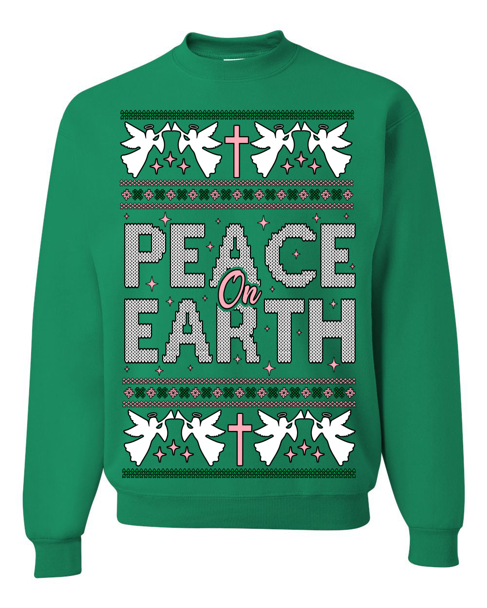 Peace On Earth Funny Xmas Cute Pink Angel Cross Ugly Christmas Sweater Crewneck Sweatshirt