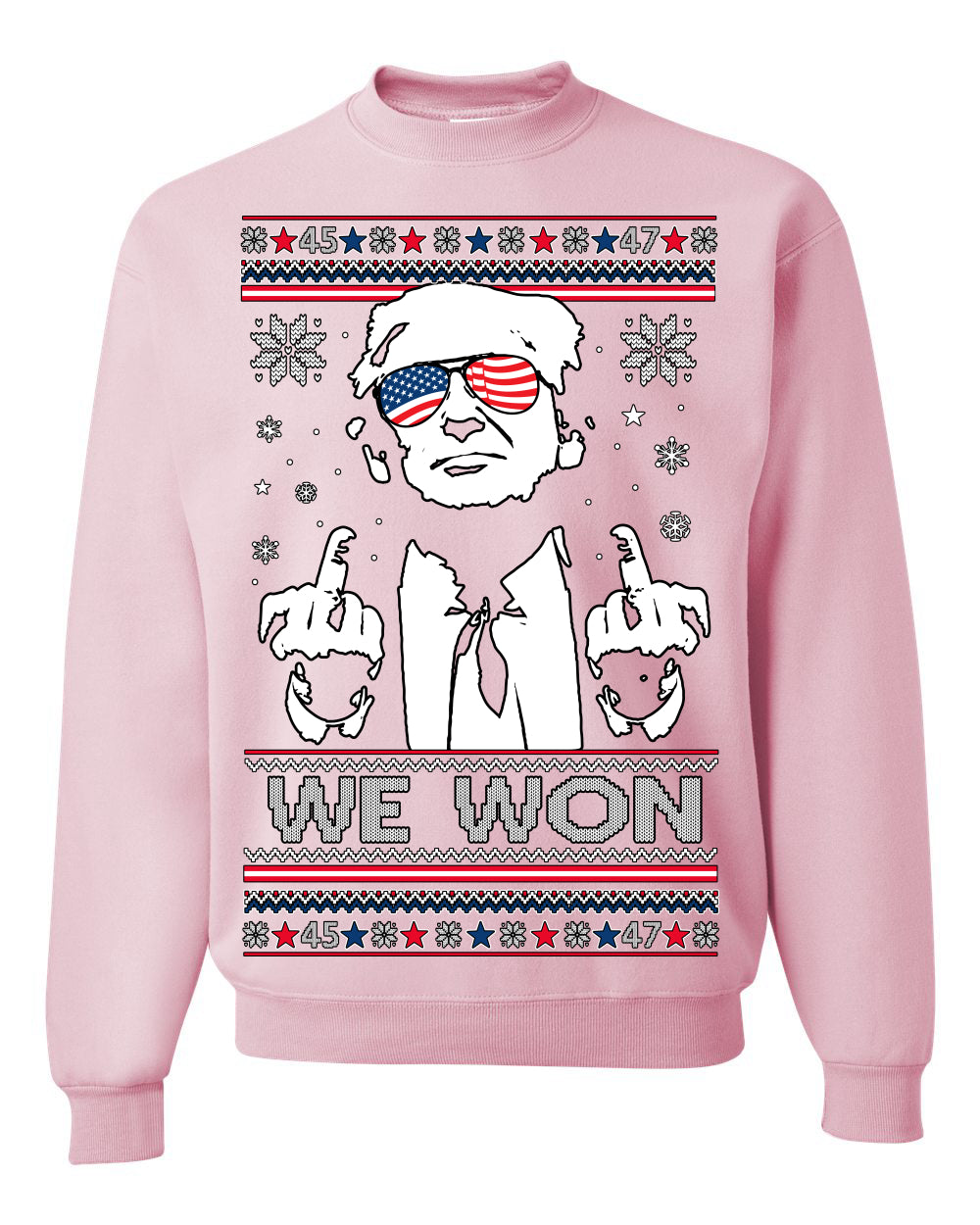 We Won Funny 45 47 President Trump Shot USA Glasses Ugly Christmas Sweater Crewneck Sweatshirt