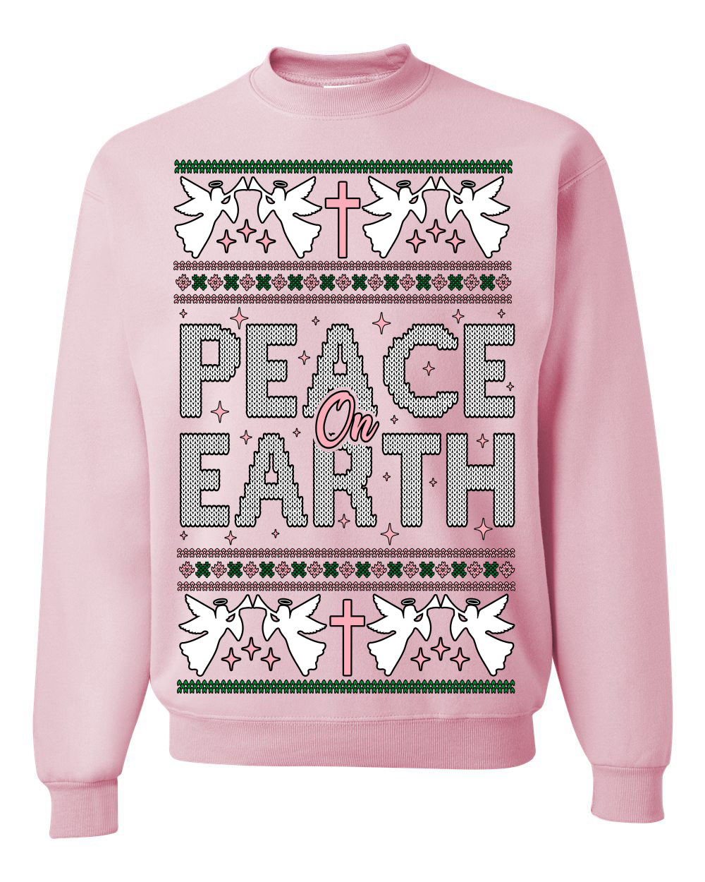 Peace On Earth Funny Xmas Cute Pink Angel Cross Ugly Christmas Sweater Crewneck Sweatshirt