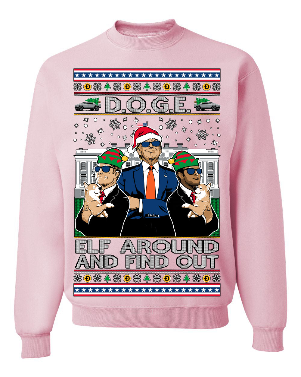Doge Elf Around and Find Out Trump Elon Vivek MAGA Ugly Christmas Sweater Crewneck Sweatshirt