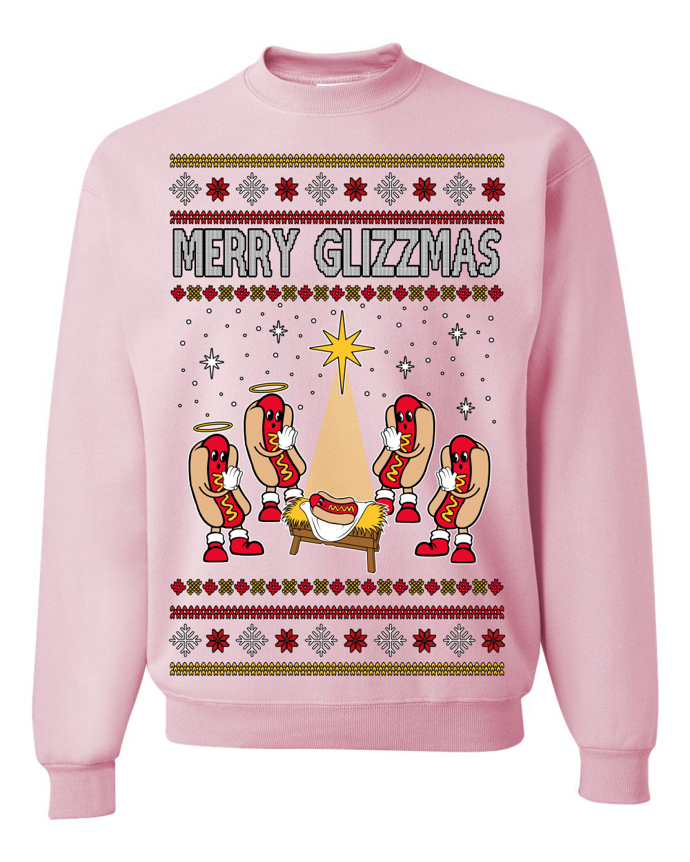 Merry Glizzmas, Funny Glizzy Hot Dog Baby Jesus Catholic Nativity, Fast Food Mustard Condiment Glizzys Humor Ugly Christmas Sweater Crewneck Sweatshirt