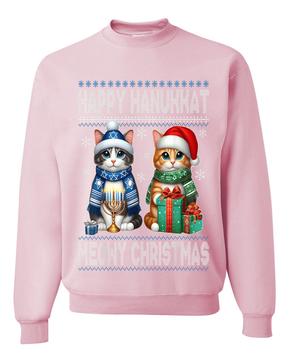 Happy Hanukkat Meowy Christmas, Unisex Ugly Christmas Sweater, Crewneck Sweatshirts