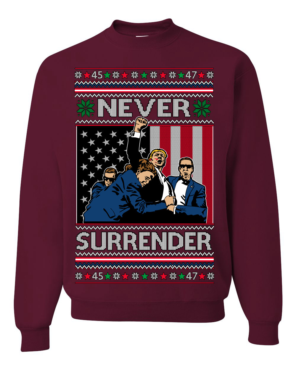 Never Surrender Pro Donald Trump Fight Fist Pump 2024 Ugly Christmas Sweater Crewneck Sweatshirt