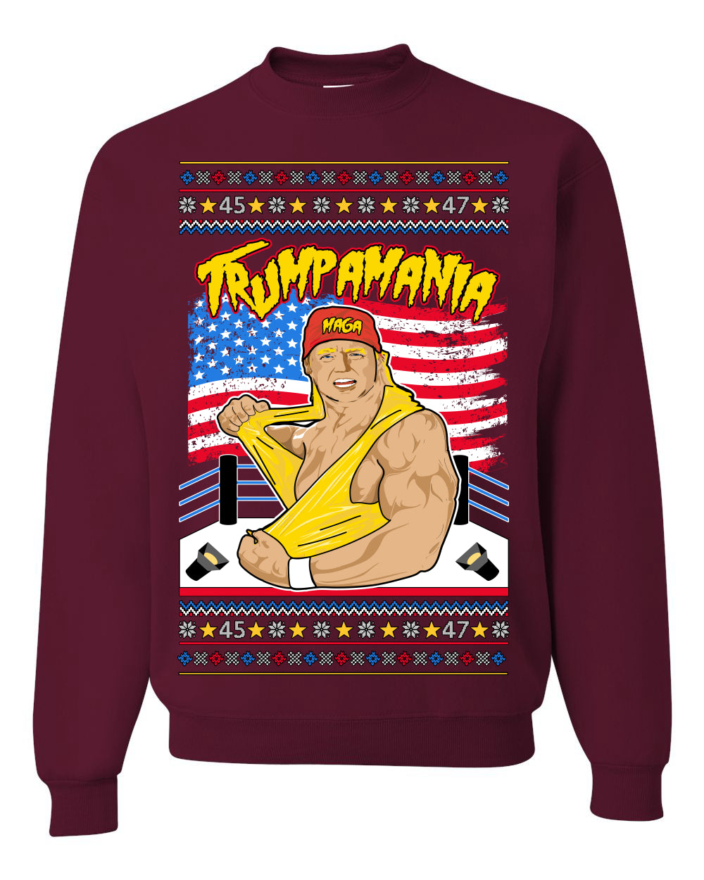 Trumpamania Funny Hogan 80s USA Wrestling Sports Parody Ugly Christmas Sweater Crewneck Sweatshirt