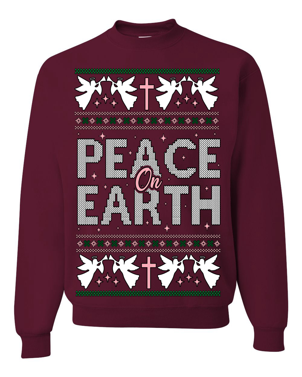 Peace On Earth Funny Xmas Cute Pink Angel Cross Ugly Christmas Sweater Crewneck Sweatshirt