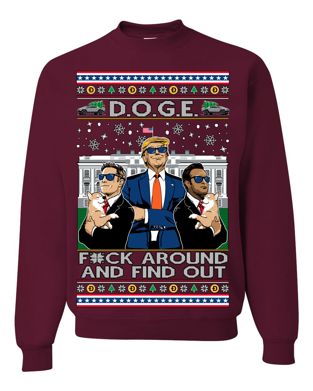 Doge F Around and Find Out Donald Trump Elon Vivek MAGA Ugly Christmas Sweater Crewneck Sweatshirt
