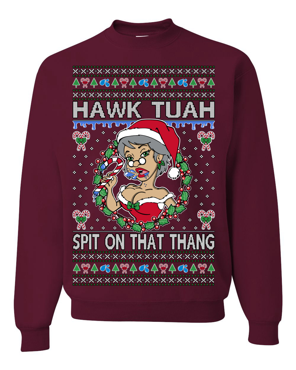 Hawk Tuah Spit On That Thang Mrs Claus Funny Meme Ugly Christmas Sweater
