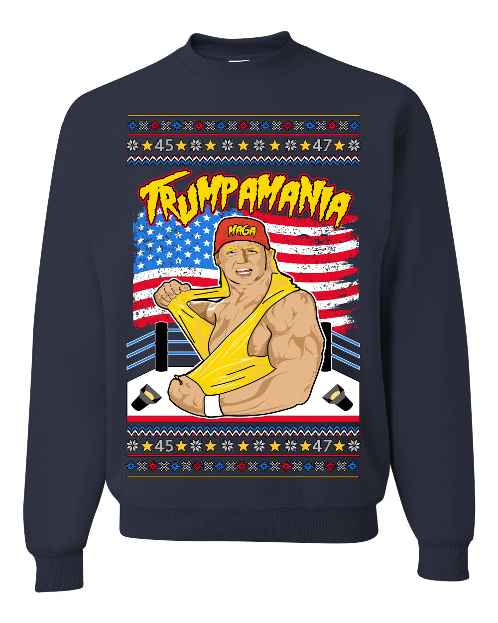 Trumpamania Funny Hogan 80s USA Wrestling Sports Parody Ugly Christmas Sweater Crewneck Sweatshirt
