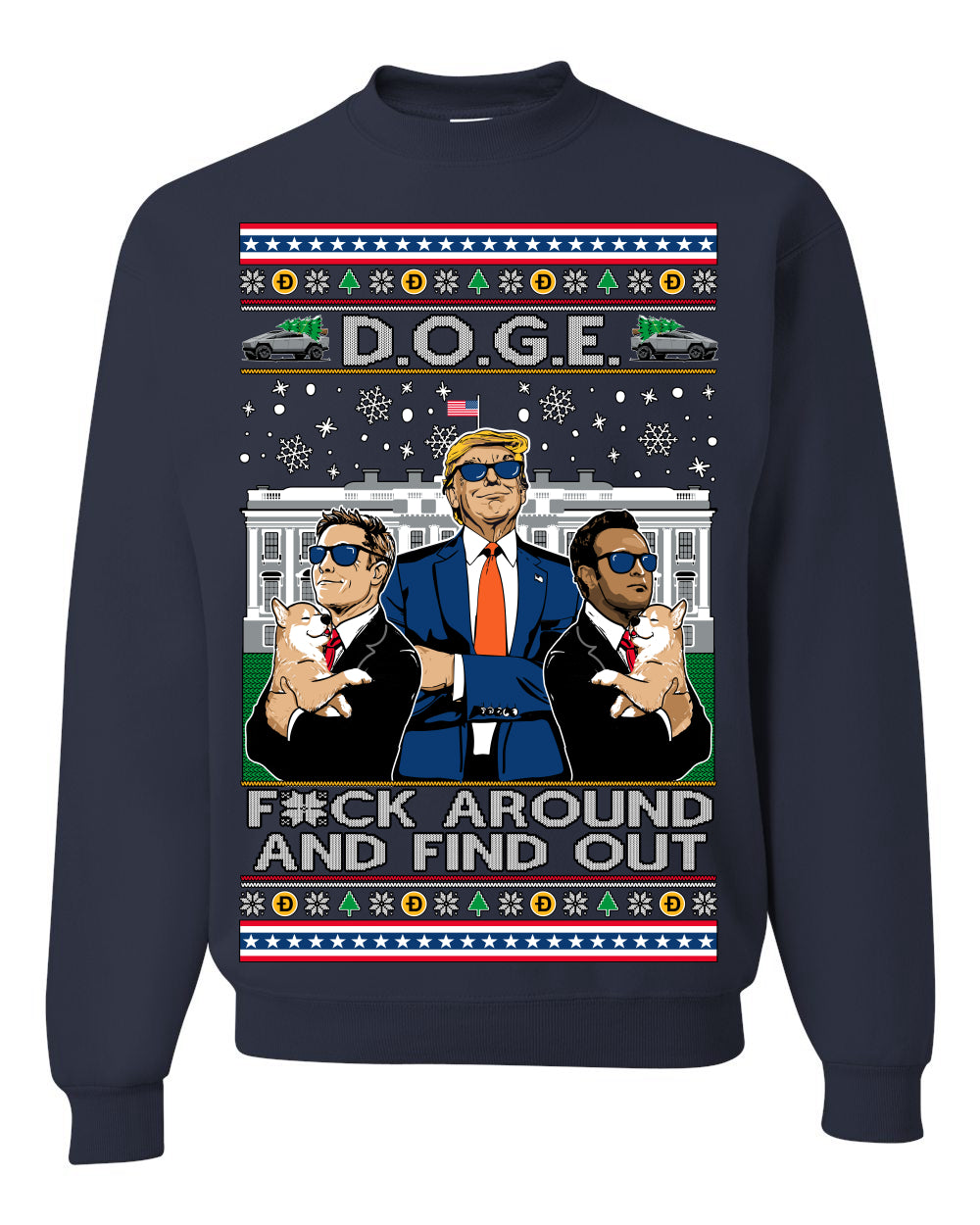 Doge F Around and Find Out Donald Trump Elon Vivek MAGA Ugly Christmas Sweater Crewneck Sweatshirt