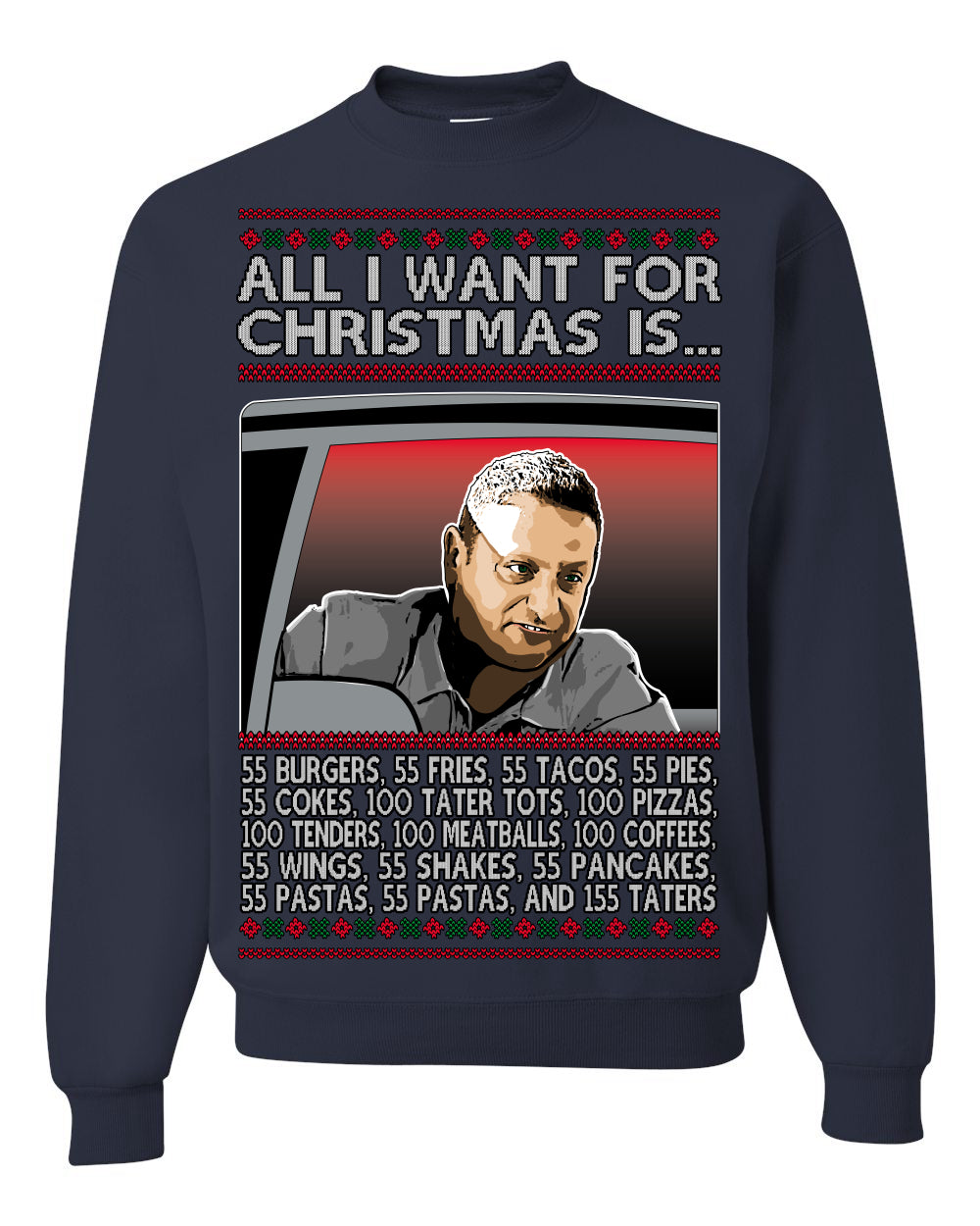 All I Want for Christmas Is 55 Burgers 55 Fries 55 Tacos 55 Pies, Funny Viral I Think Tim TV Show Gen Z Alpha Brainrot Meme Ugly Christmas Sweater Crewneck Sweatshirt