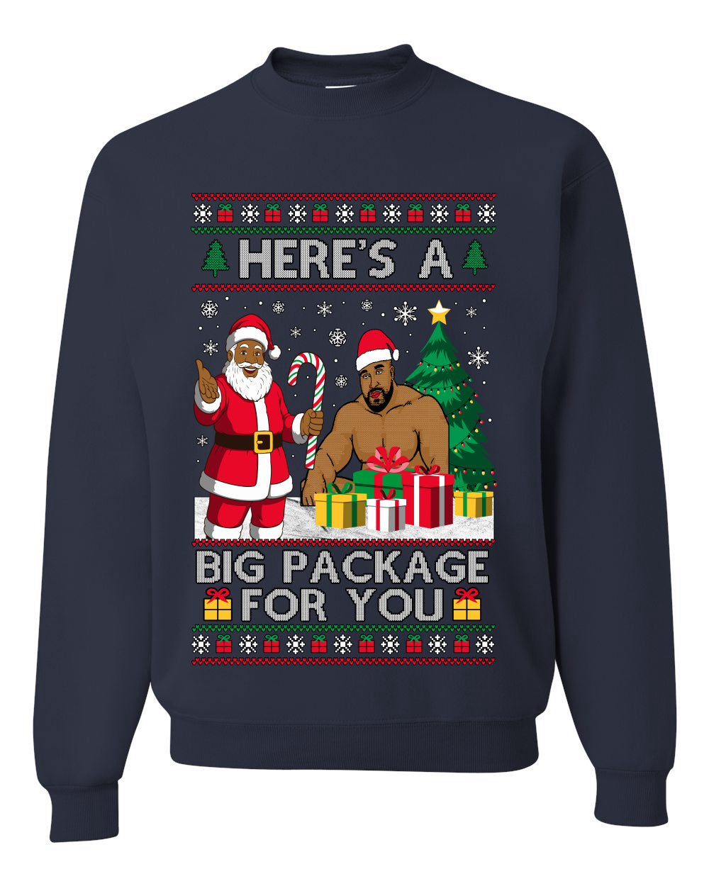 Here's A Big Package For You Black Santa Christmas Sweater, Unisex Ugly Christmas Crewneck Sweatshirts