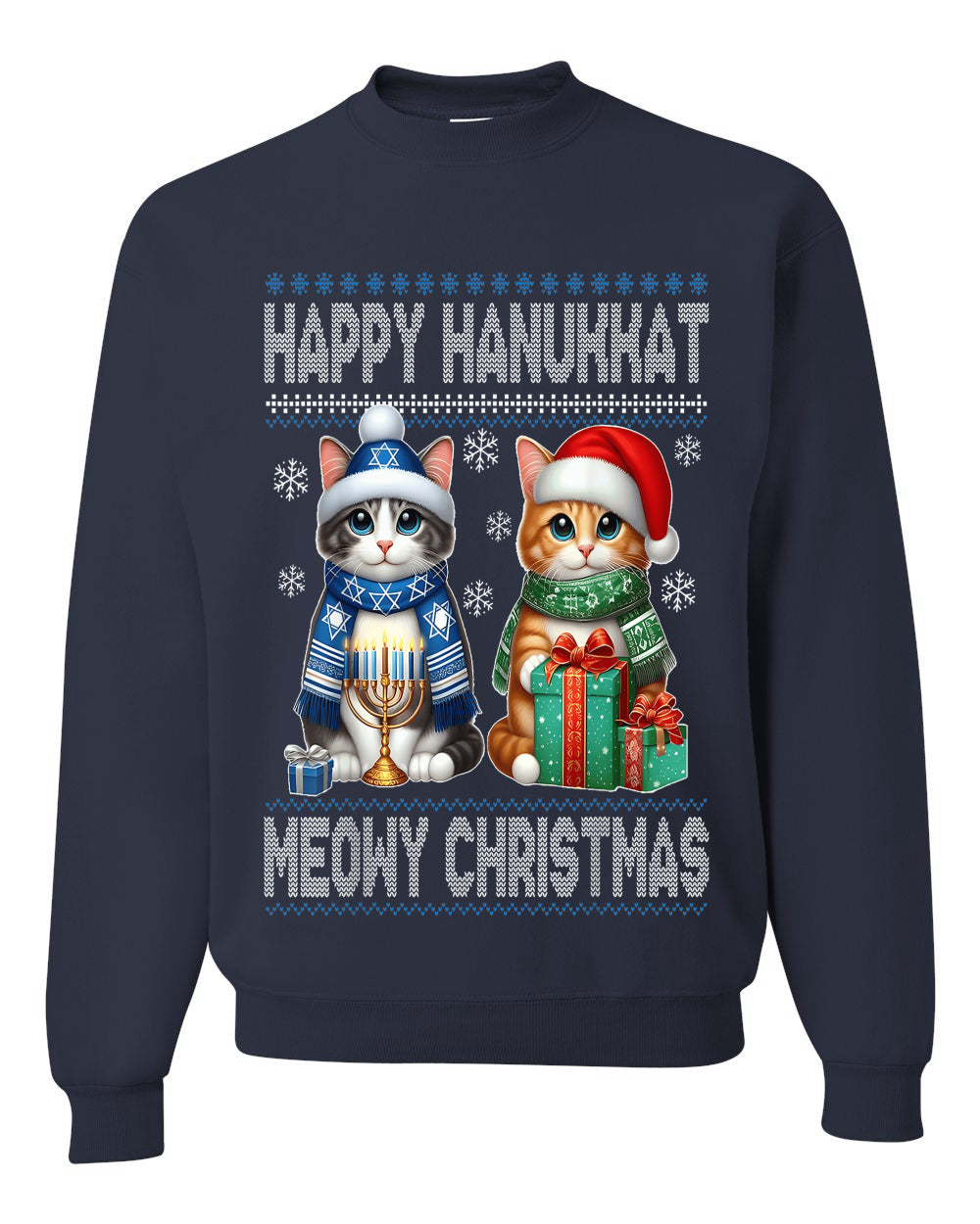 Happy Hanukkat Meowy Christmas, Unisex Ugly Christmas Sweater, Crewneck Sweatshirts