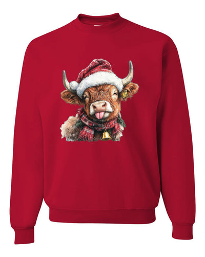 Cute Fluffy Christmas Cow with Santa Hat, Cute Christmas Design, Unisex Christmas Sweater, Crewneck Sweatshirts