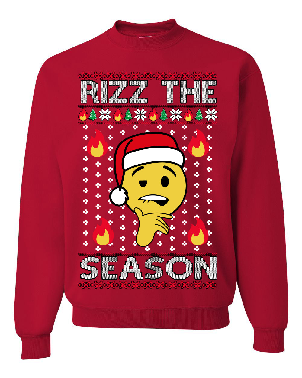 Rizz the Season Viral Internet Fire Emoji Face Meme Ugly Christmas Sweater Crewneck Sweatshirt