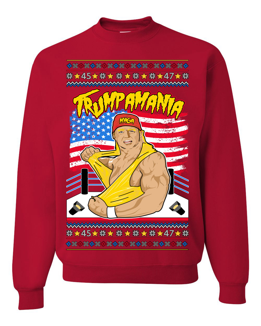 Trumpamania Funny Hogan 80s USA Wrestling Sports Parody Ugly Christmas Sweater Crewneck Sweatshirt