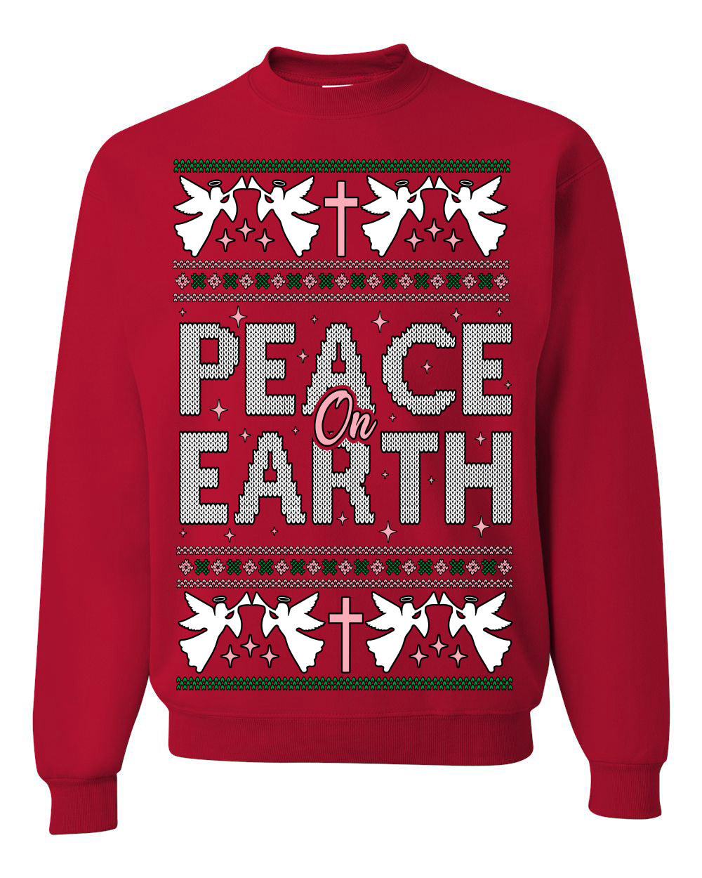Peace On Earth Funny Xmas Cute Pink Angel Cross Ugly Christmas Sweater Crewneck Sweatshirt