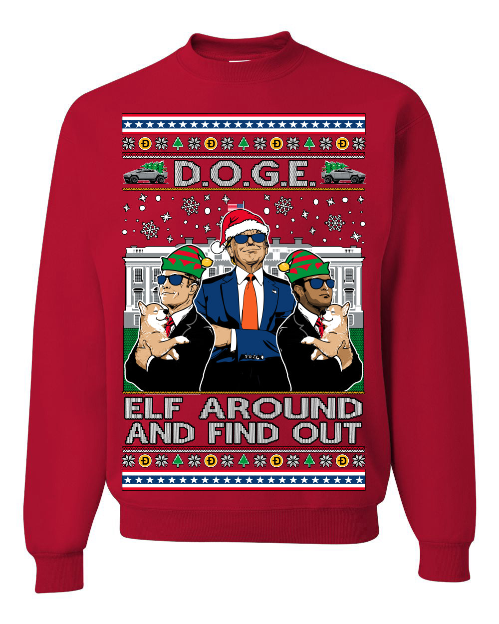 Doge Elf Around and Find Out Trump Elon Vivek MAGA Ugly Christmas Sweater Crewneck Sweatshirt