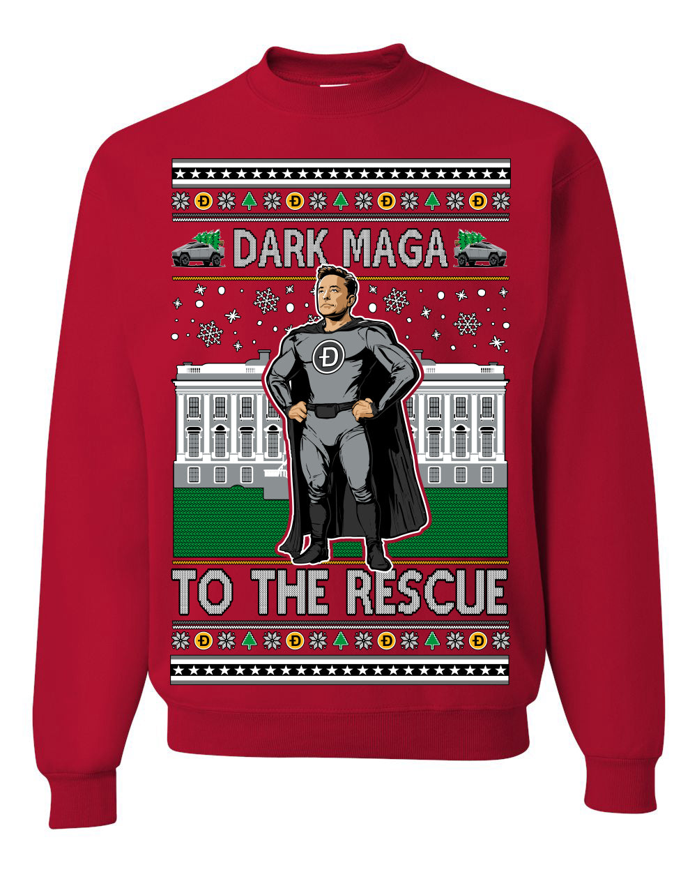 Dark MAGA to the Rescue Elon Superhero Doge Crypto Ugly Christmas Sweater Crewneck Sweatshirt