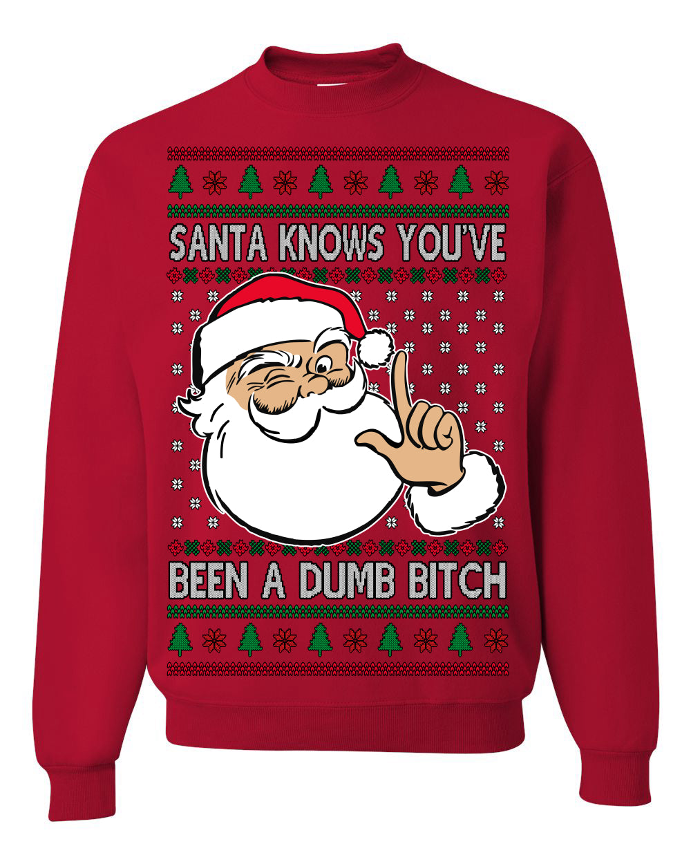 Santa Knows You've Been a Dumb Bitch Funny Vulgar Dirty Ugly Christmas Sweater Crewneck Sweatshirt