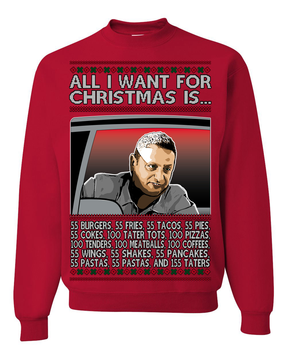 All I Want for Christmas Is 55 Burgers 55 Fries 55 Tacos 55 Pies, Funny Viral I Think Tim TV Show Gen Z Alpha Brainrot Meme Ugly Christmas Sweater Crewneck Sweatshirt
