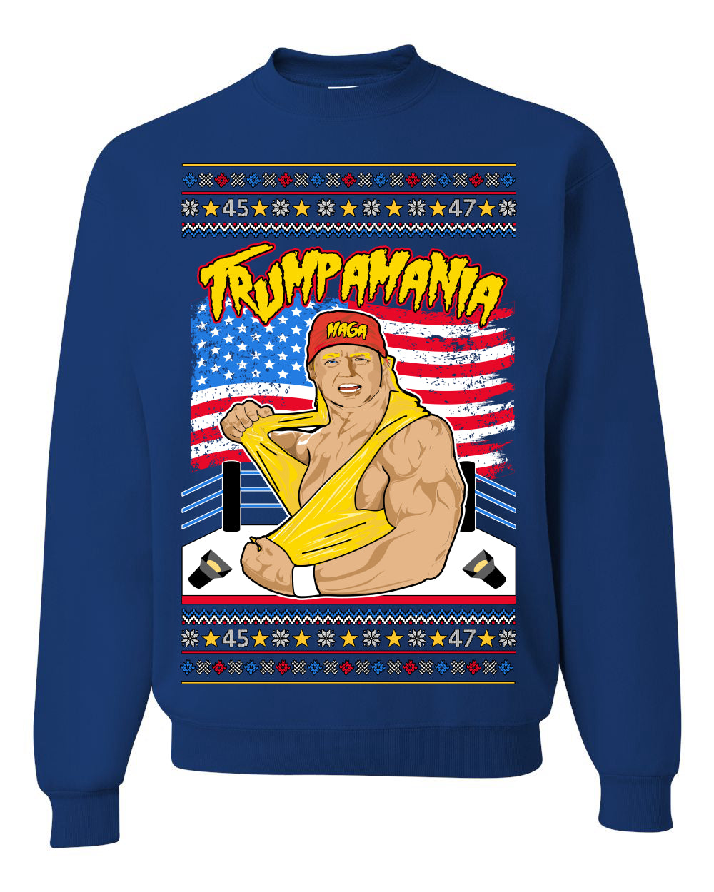 Trumpamania Funny Hogan 80s USA Wrestling Sports Parody Ugly Christmas Sweater Crewneck Sweatshirt