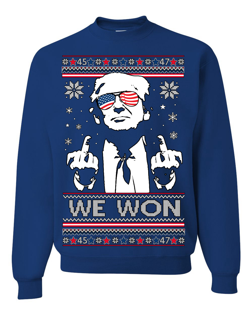 We Won Funny 45 47 President Trump Shot USA Glasses Ugly Christmas Sweater Crewneck Sweatshirt
