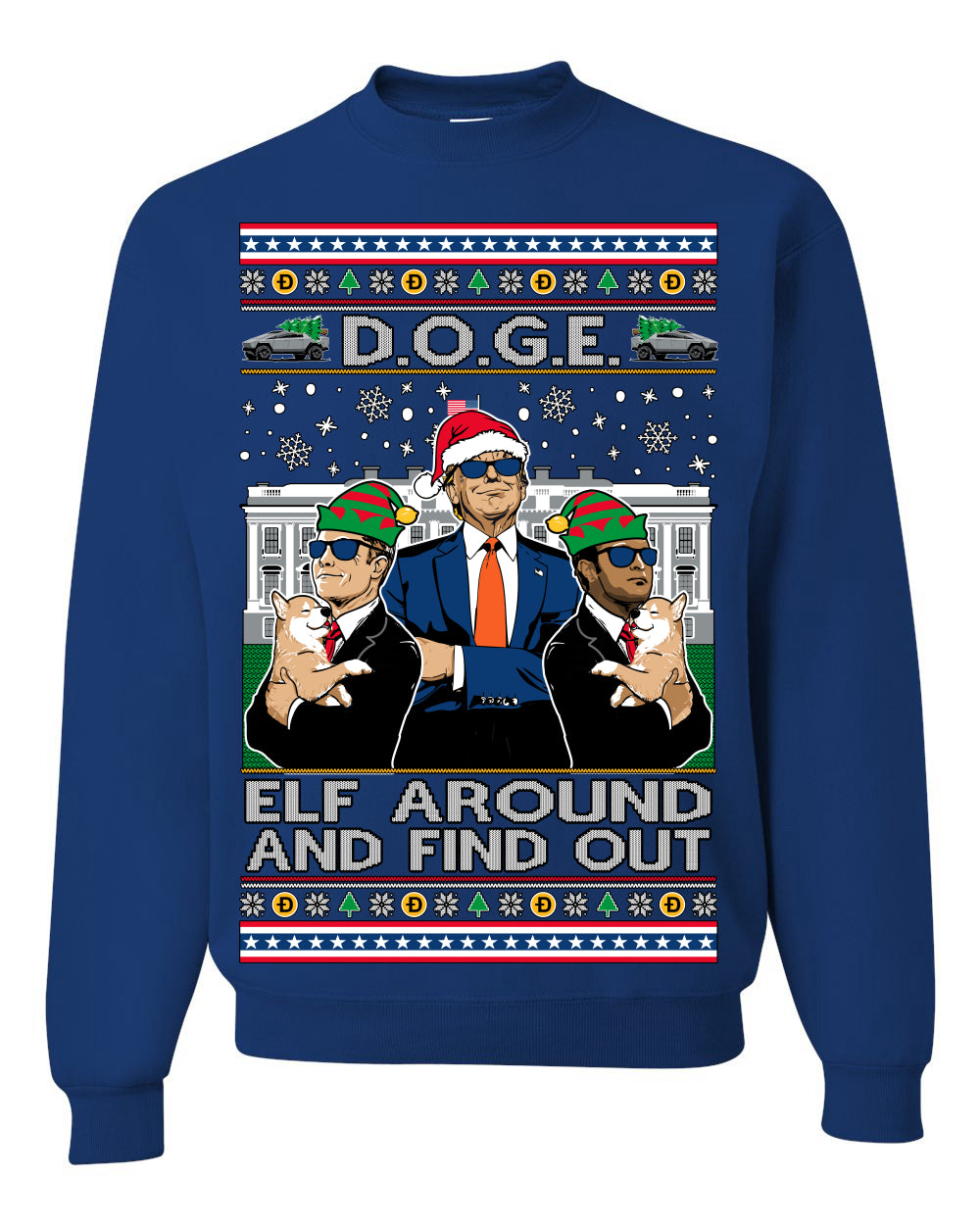 Doge Elf Around and Find Out Trump Elon Vivek MAGA Ugly Christmas Sweater Crewneck Sweatshirt