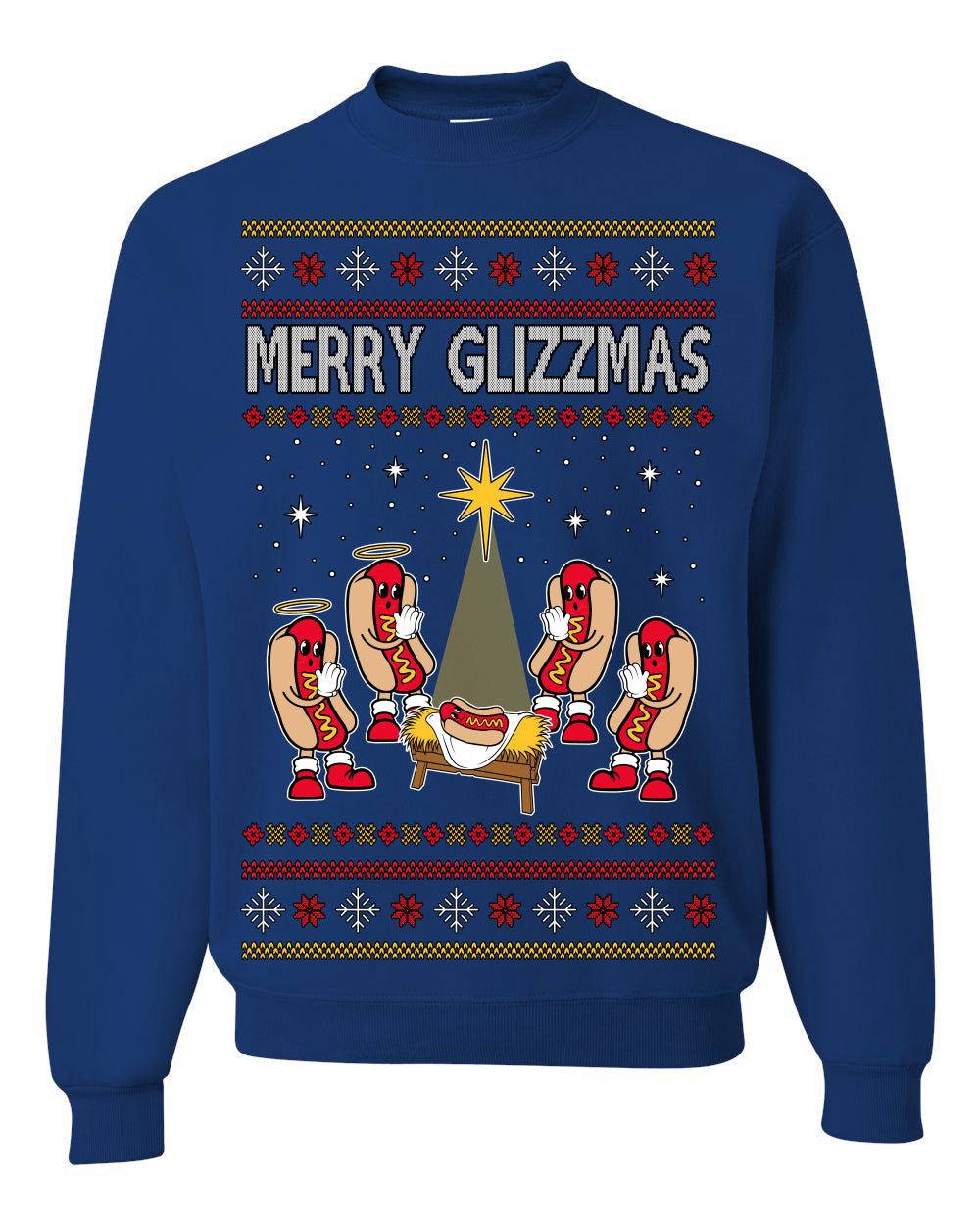 Merry Glizzmas, Funny Glizzy Hot Dog Baby Jesus Catholic Nativity, Fast Food Mustard Condiment Glizzys Humor Ugly Christmas Sweater Crewneck Sweatshirt