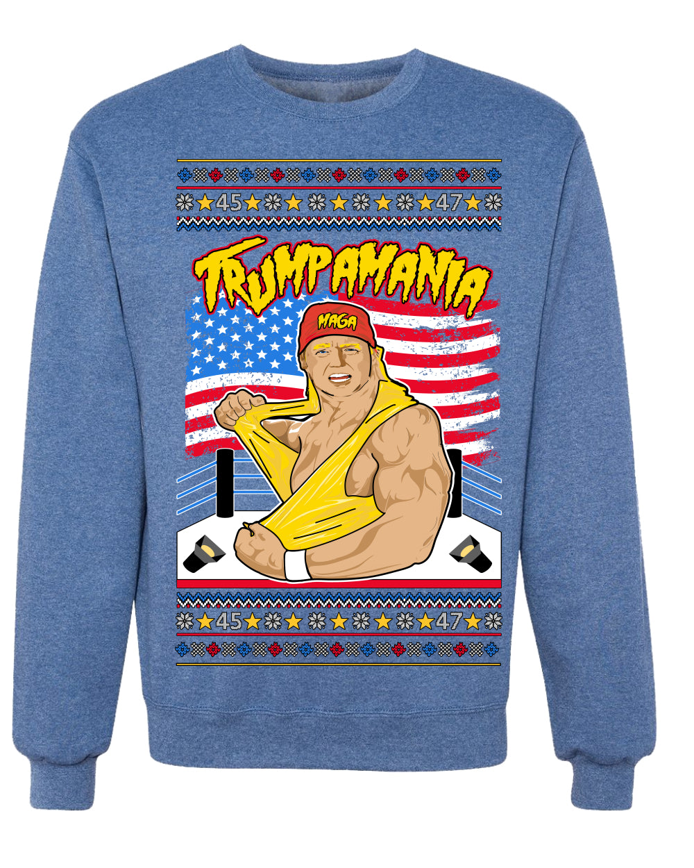 Trumpamania Funny Hogan 80s USA Wrestling Sports Parody Ugly Christmas Sweater Crewneck Sweatshirt