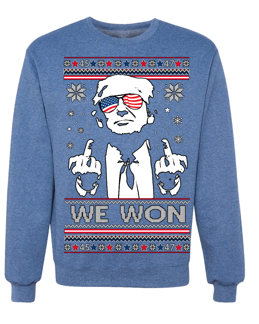We Won Funny 45 47 President Trump Shot USA Glasses Ugly Christmas Sweater Crewneck Sweatshirt
