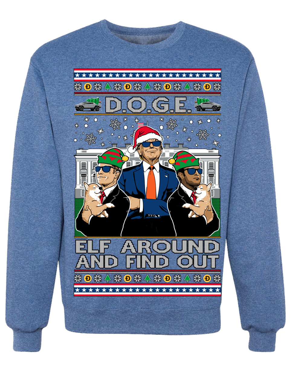 Doge Elf Around and Find Out Trump Elon Vivek MAGA Ugly Christmas Sweater Crewneck Sweatshirt