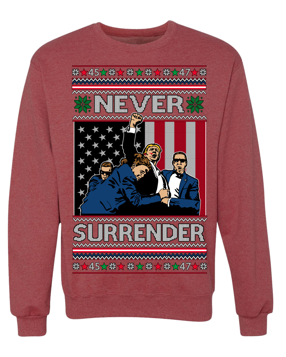 Never Surrender Pro Donald Trump Fight Fist Pump 2024 Ugly Christmas Sweater Crewneck Sweatshirt