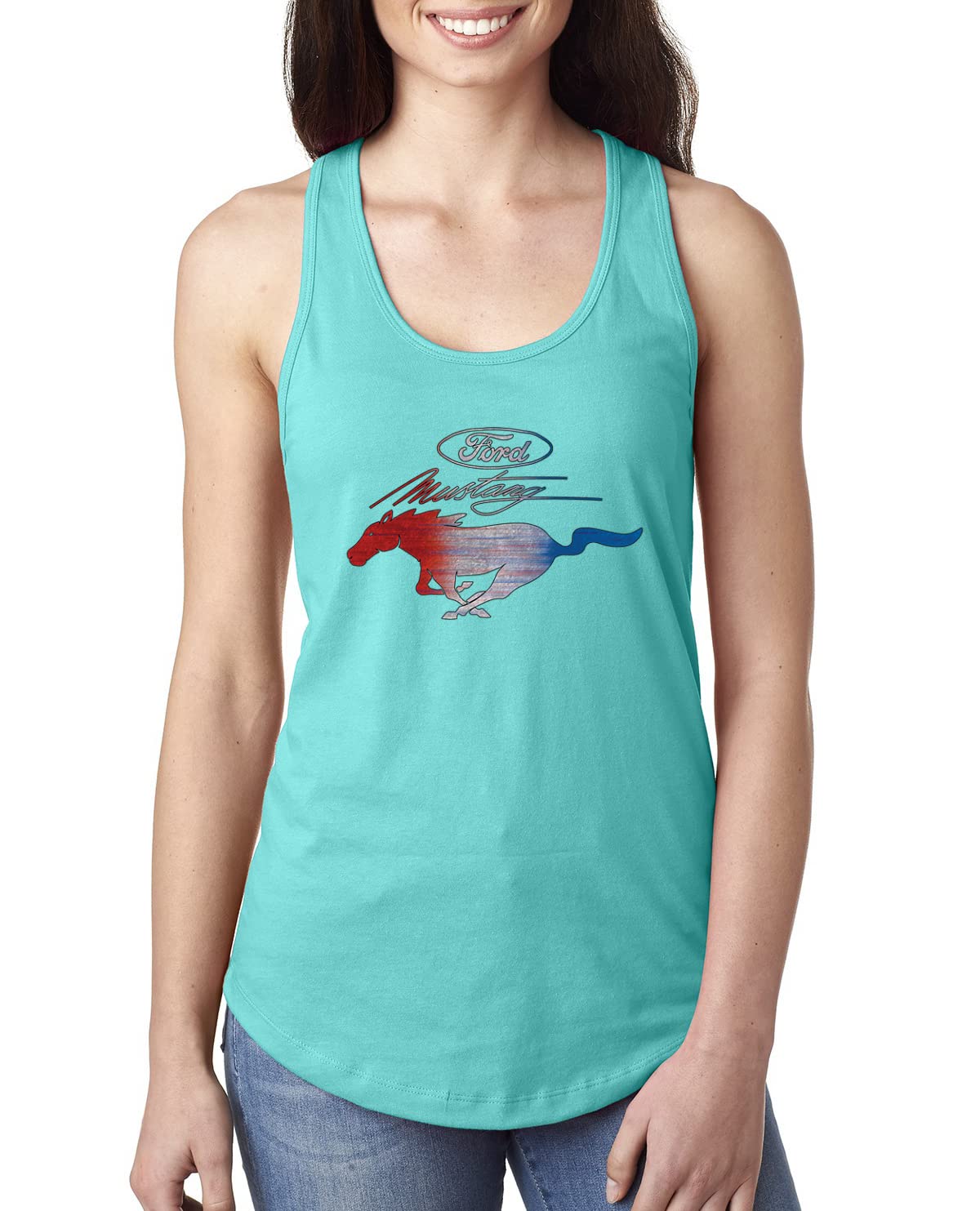 Ford Mustang Shirt USA Flag Mustang Emblem Cars and Trucks Ladies Racerback Tank Top