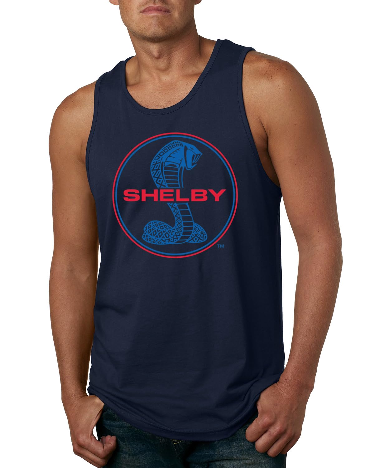 Shelby Cobra USA Logo Emblem Powered by Ford Motors Cars and Trucks Mens Tank Top