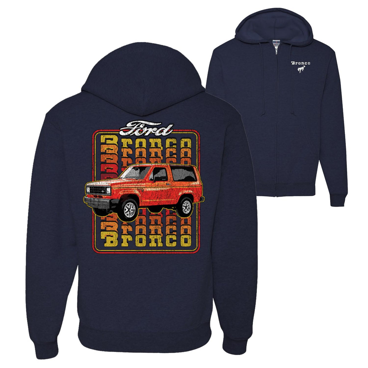US Flag Ford Bronco Cars and Trucks Front and Back Graphic Zip Up Hoodie Sweatshirt
