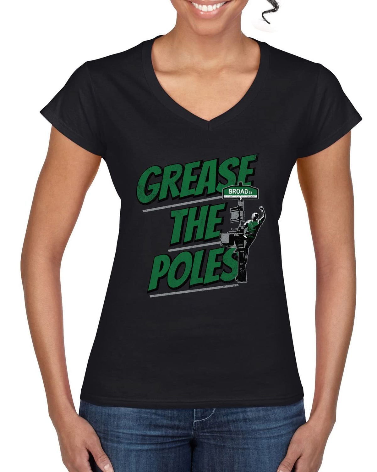 Grease The Poles Broad Street Phil Football Sports Womens Standard V-Neck Tee