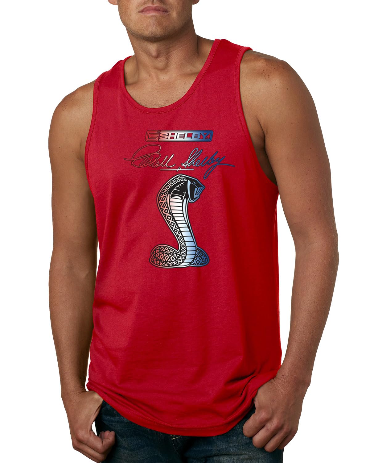 Shelby Cobra USA Logo Emblem Powered by Ford Motors Cars and Trucks Mens Tank Top