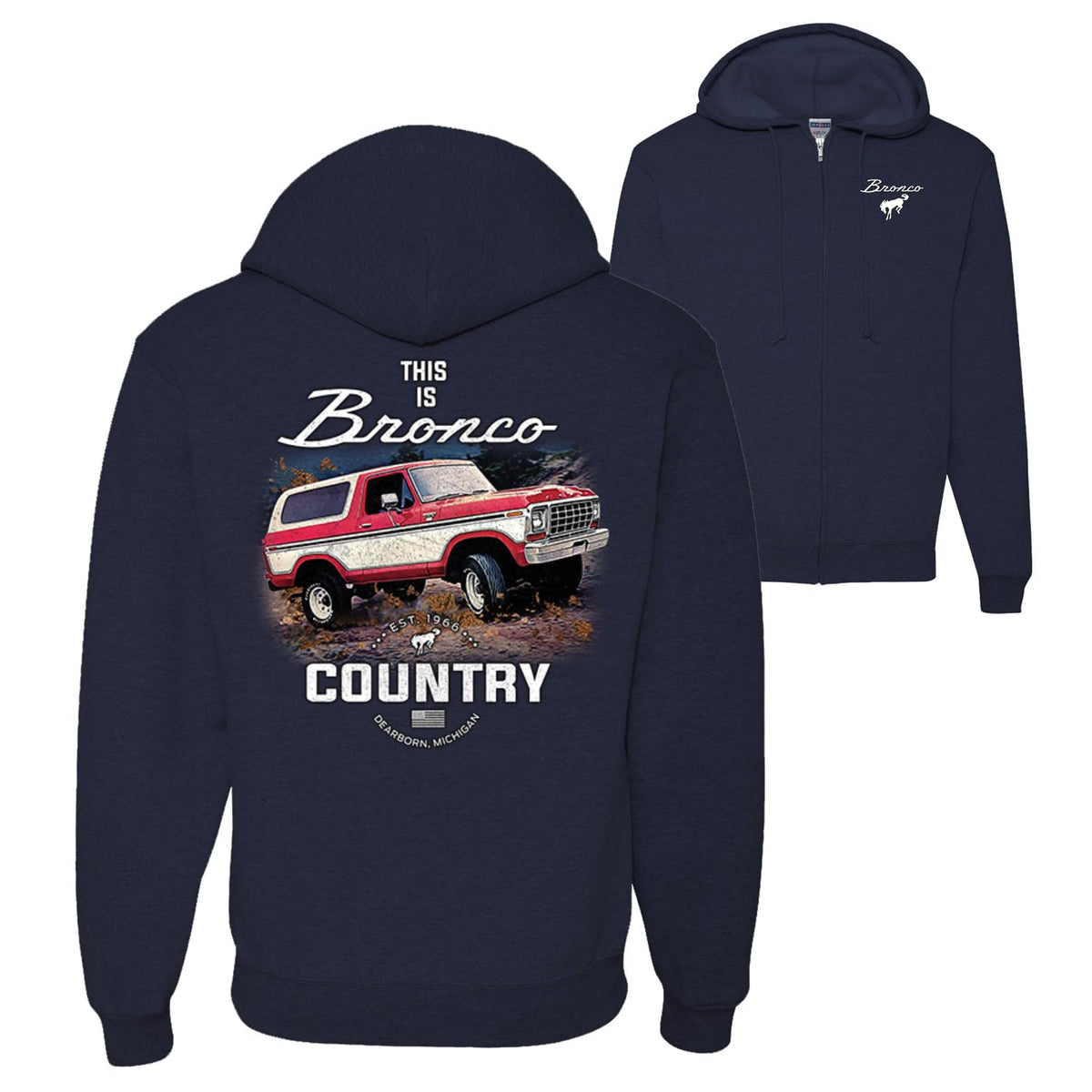 US Flag Ford Bronco Cars and Trucks Front and Back Graphic Zip Up Hoodie Sweatshirt