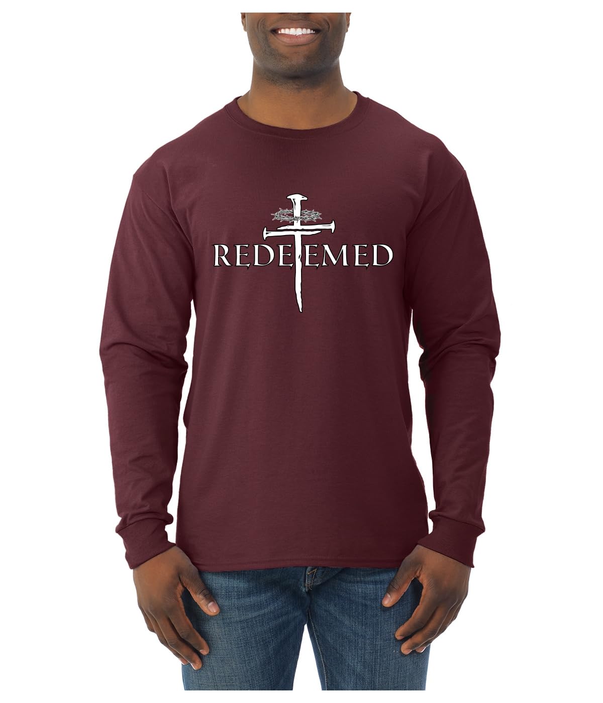 Redeemed Cross Jesus Christ Nails Inspirational/Christian Faith Mens Long Sleeve Shirt