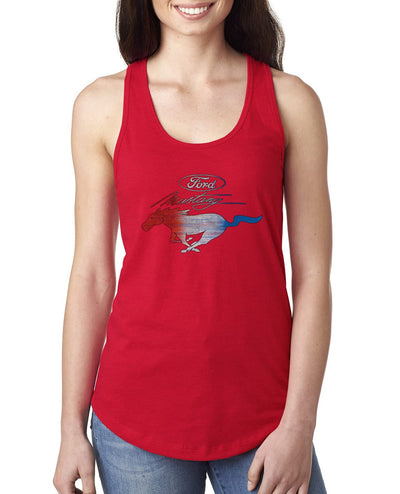 Ford Mustang Shirt USA Flag Mustang Emblem Cars and Trucks Ladies Racerback Tank Top