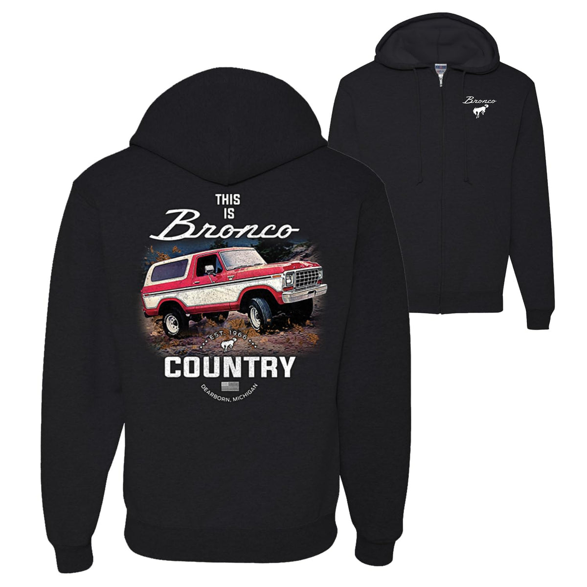 US Flag Ford Bronco Cars and Trucks Front and Back Graphic Zip Up Hoodie Sweatshirt