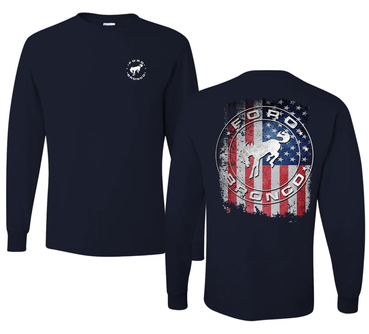 US Flag Ford Bronco Front and Back  Cars and Trucks Mens Long Sleeve Shirt