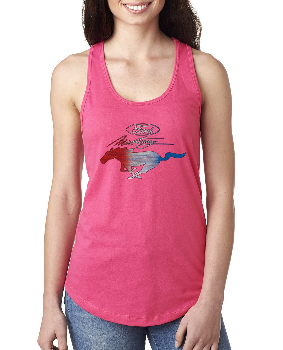 Ford Mustang Shirt USA Flag Mustang Emblem Cars and Trucks Ladies Racerback Tank Top