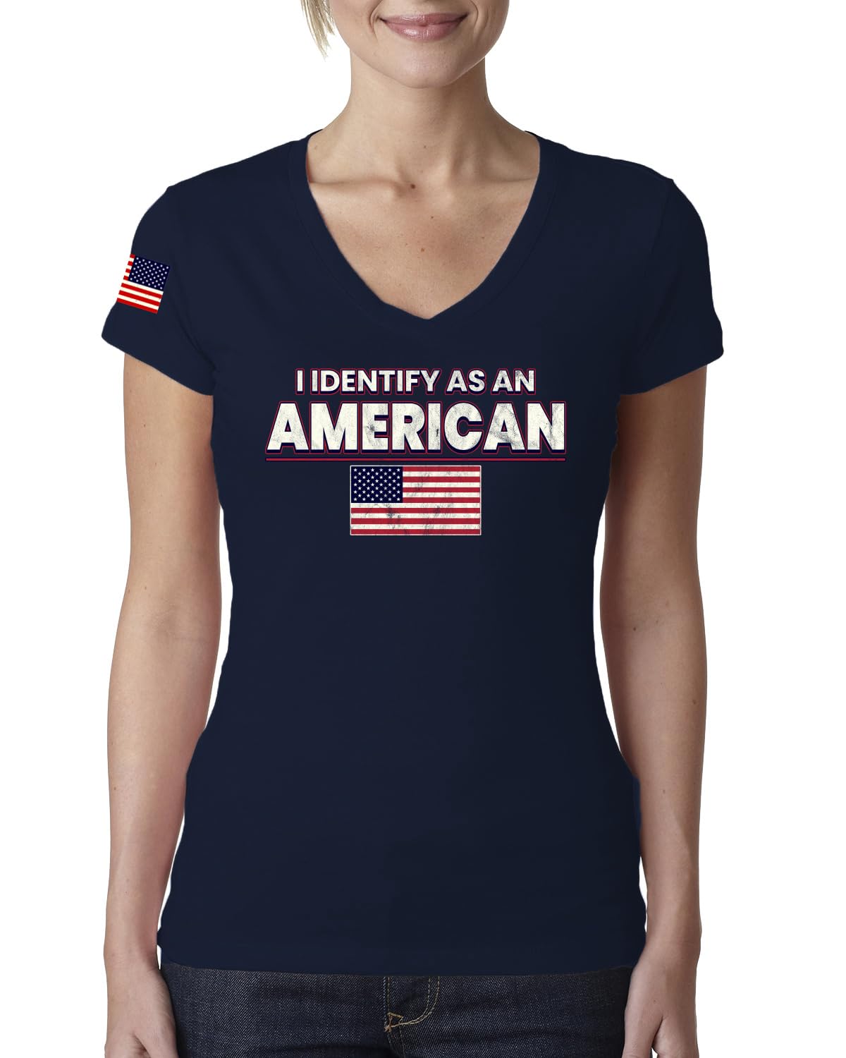 I Identify As An American USA Flag US Flag Sleeve American Pride Womens Junior Fit V-Neck Tee