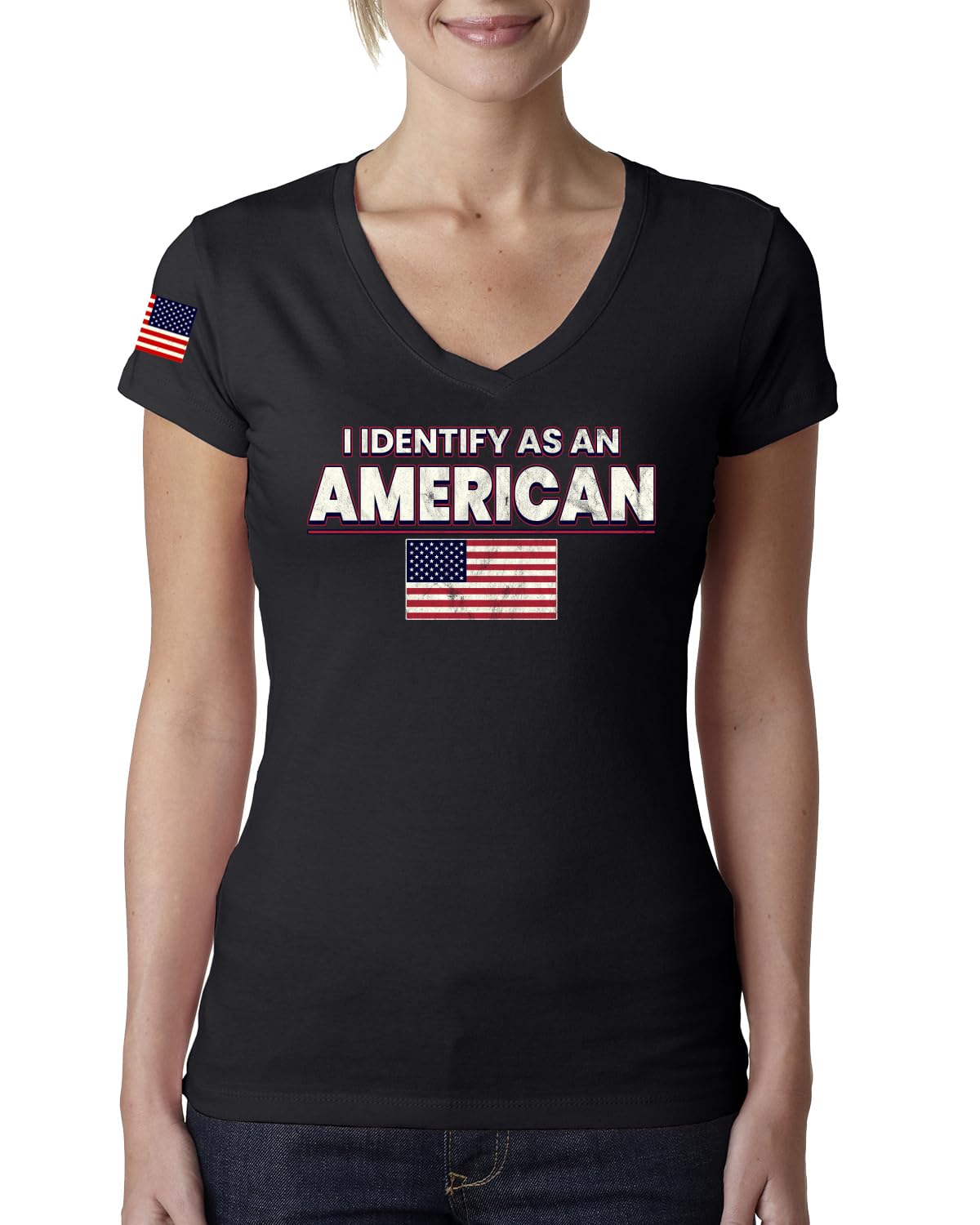 I Identify As An American USA Flag US Flag Sleeve American Pride Womens Junior Fit V-Neck Tee