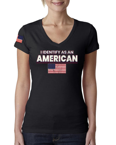 I Identify As An American USA Flag US Flag Sleeve American Pride Womens Junior Fit V-Neck Tee