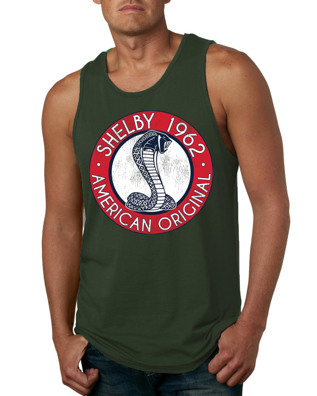 Shelby Cobra USA Logo Emblem Powered by Ford Motors Cars and Trucks Mens Tank Top