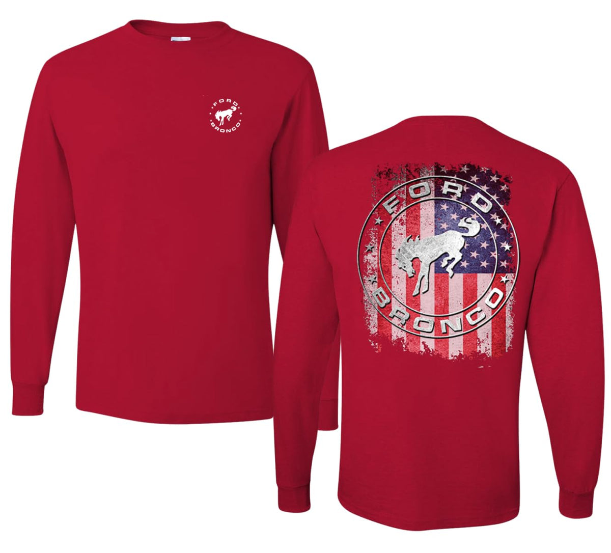 US Flag Ford Bronco Front and Back  Cars and Trucks Mens Long Sleeve Shirt