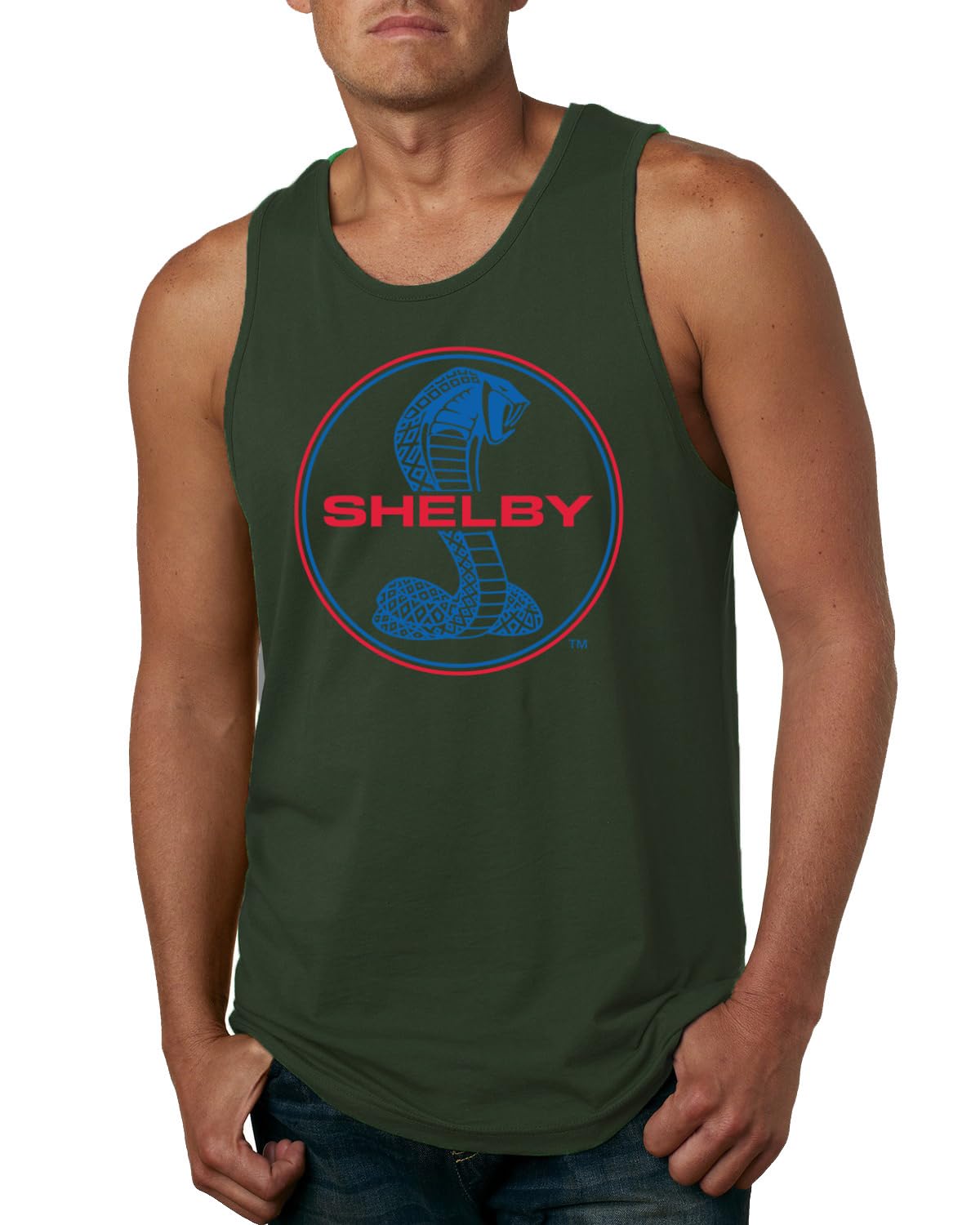 Shelby Cobra USA Logo Emblem Powered by Ford Motors Cars and Trucks Mens Tank Top