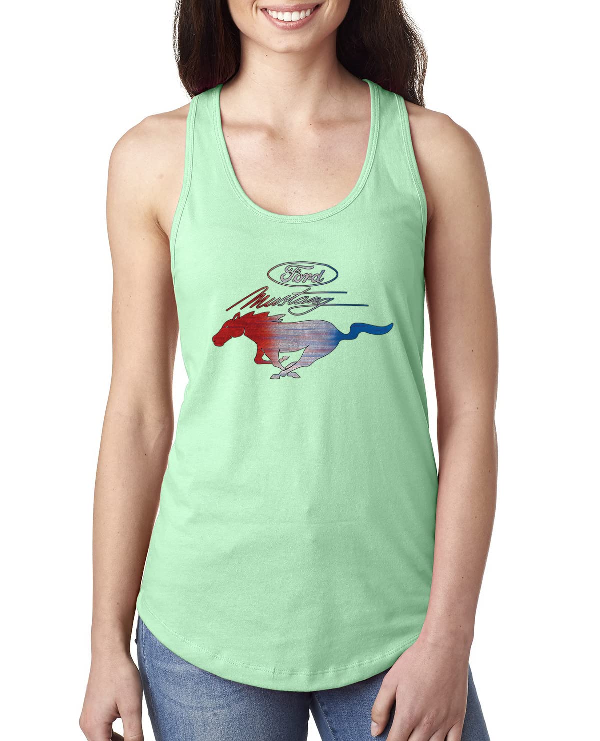 Ford Mustang Shirt USA Flag Mustang Emblem Cars and Trucks Ladies Racerback Tank Top